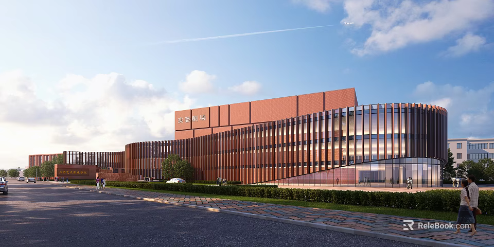 Modern School Building With Red Brick Facade And Glass Curtain Walls Along Road And Greenery 3d model 