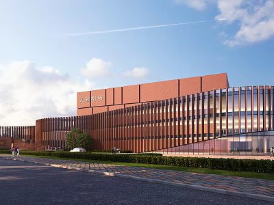 Modern School Building With Red Brick Facade And Glass Curtain Walls Along Road And Greenery 3d model