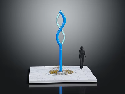 Blue Twisted Light Pole on White Square Base with Grass and Human Figure 3d model