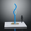 Blue Twisted Light Pole on White Square Base with Grass and Human Figure