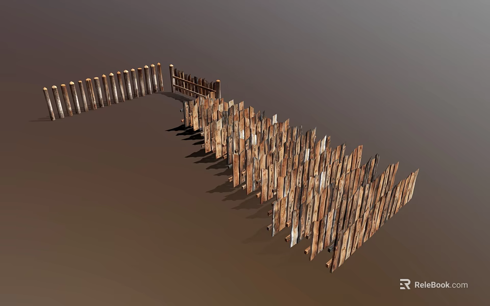 Rustic Wooden Fence With Pointed Pickets And Various Styles For Outdoor Gardens 3d model 
