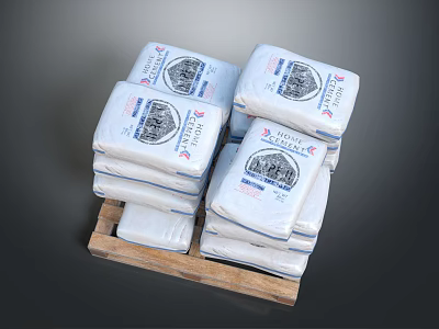 White Household Product Bags Stacked on Wooden Pallet With Labels and Patterns 3d model
