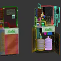 Electronic Appliance With Yellow Striped Exterior Black Cabinet Open Door And White Water Jugs