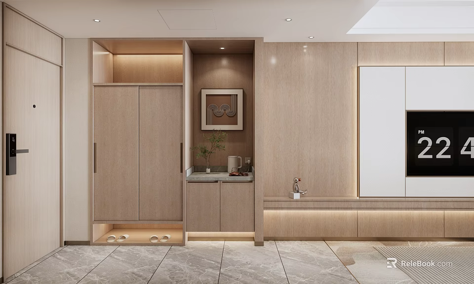 Modern Wooden Wardrobe Interior With Built In Storage Lighting And TV Wall 3d model 