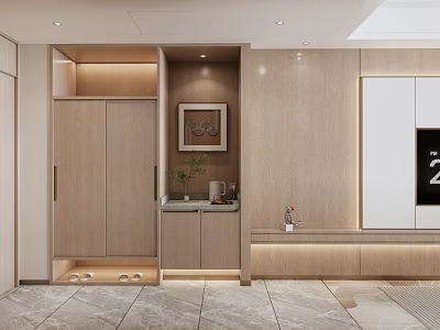 Modern Wooden Wardrobe Interior With Built In Storage Lighting And TV Wall 3d model