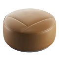 Brown Leather Ottoman With Round Shape Stitched Surface And Metal Legs