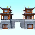 Traditional Chinese Ancient Tower With Stone Brick Base Wooden Structure Black Tile Roof Arched Gateway