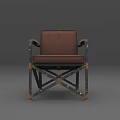 Vintage Brown Leather Single Chair With Wooden Armrests And Metal Frame
