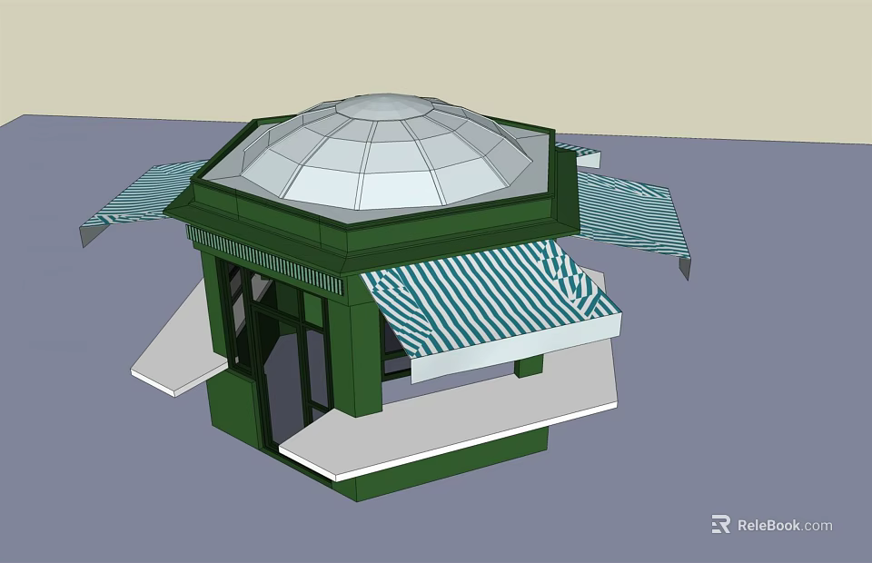 Octagonal Green Kiosk With Transparent Dome And Blue White Striped Awnings 3d model 