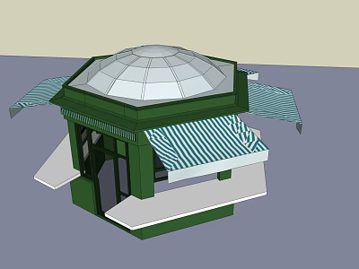 Octagonal Green Kiosk With Transparent Dome And Blue White Striped Awnings 3d model