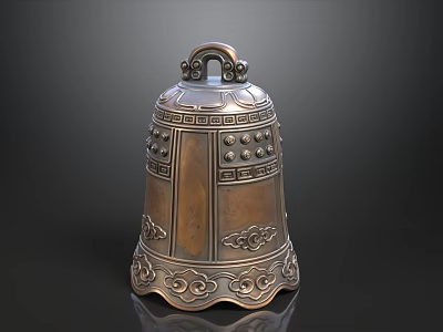 Ancient Bronze Bell With Intricate Patterns And Top Ring Handle Design 3d model