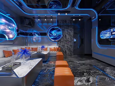 Modern KTV Interior Design With Futuristic Blue Lighting Sofa Seats And Orange Stools 3d model