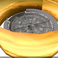 Modern Circular Architectural Structure With Radial Framework Spherical Elements And Support Bases