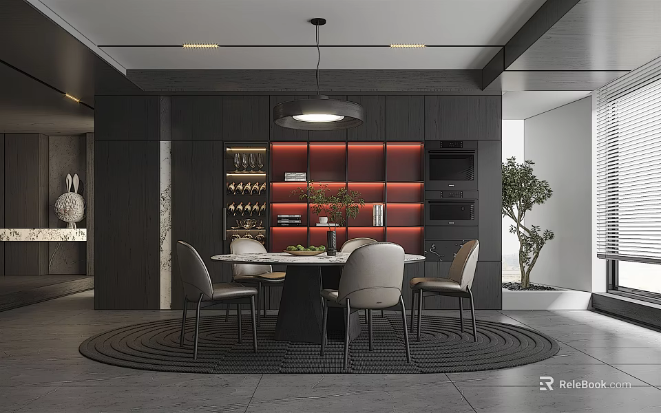 Modern Restaurant Interior With Round Dining Table Gray Chairs Pendant Light And Dark Cabinets 3d model 
