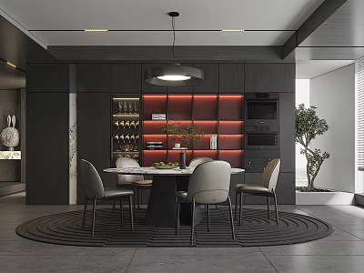 Modern Restaurant Interior With Round Dining Table Gray Chairs Pendant Light And Dark Cabinets 3d model