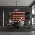 Modern Restaurant Interior With Round Dining Table Gray Chairs Pendant Light And Dark Cabinets