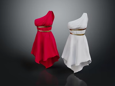 One Shoulder Red And White Dresses With Golden Belt And Asymmetrical Hem 3d model