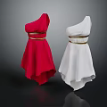 One Shoulder Red And White Dresses With Golden Belt And Asymmetrical Hem
