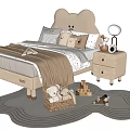 Cozy Kids Bed with Bear Shaped Headboard Plush Pillows Wooden Nightstand Toys and Wavy Rug