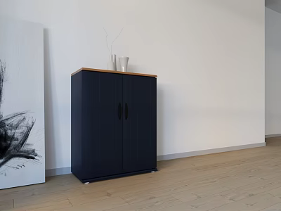 Modern Living Room With Dark Blue Cabinet Wooden Top White Vases And Abstract Painting 3d model