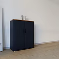 Modern Living Room With Dark Blue Cabinet Wooden Top White Vases And Abstract Painting