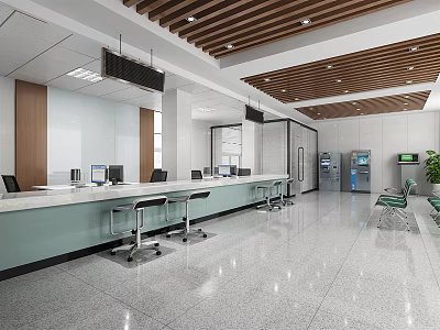 Modern Service Hall Interior With Long Counter Computers Chairs Green Plants And Wooden Ceiling 3d model