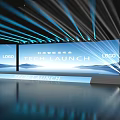 Tech Launch Event Stage With Large Screens Logos And Blue Stage Lights