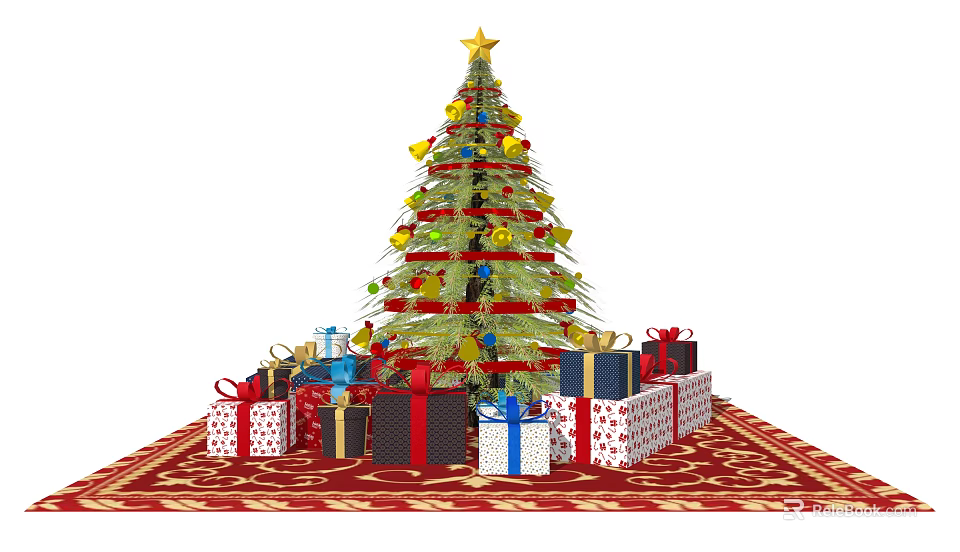 Festively Decorated Christmas Tree With Star Top And Gift Boxes On Red Carpet 3d model 