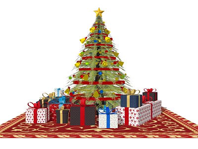 Festively Decorated Christmas Tree With Star Top And Gift Boxes On Red Carpet 3d model