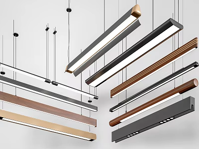 Modern Long Strip Pendant Lights Featuring Various Wooden Metallic Black Brown Hanging Designs 3d model