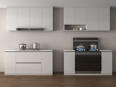 Modern Kitchen Appliances Setup With White Cabinets Gas Stoves Range Hood And Oven 3d model