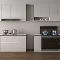 Modern Kitchen Appliances Setup With White Cabinets Gas Stoves Range Hood And Oven