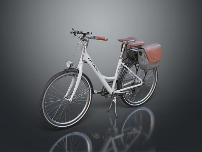 White City Bicycle With Brown Seat And Rear Basket On Gray Reflective Surface 3d model