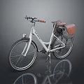 White City Bicycle With Brown Seat And Rear Basket On Gray Reflective Surface