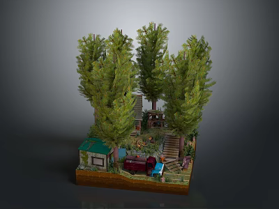 Cartoon Scene With Green Trees Small House Red And Blue Cars And Stairs 3d model