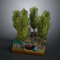 Cartoon Scene With Green Trees Small House Red And Blue Cars And Stairs