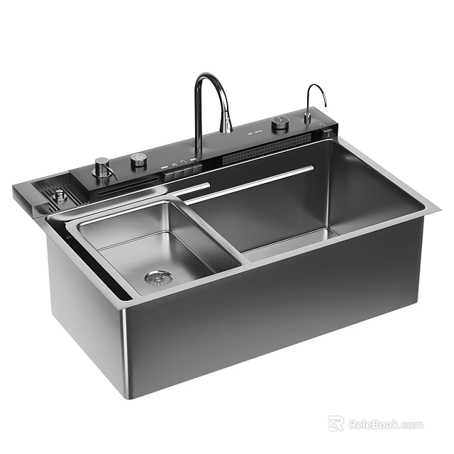 Stainless Steel Double Bowl Kitchen Sink With Modern Faucet And Functional Design 3d model 