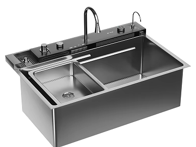 Stainless Steel Double Bowl Kitchen Sink With Modern Faucet And Functional Design 3d model