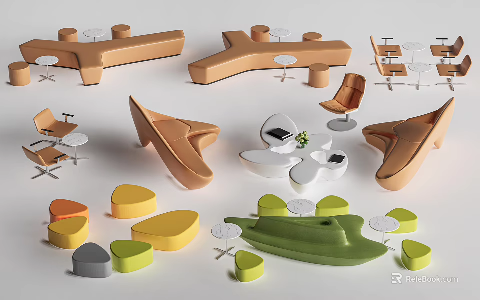 Modern Colorful Table And Chair Combinations With Various Shapes And Designs 3d model 