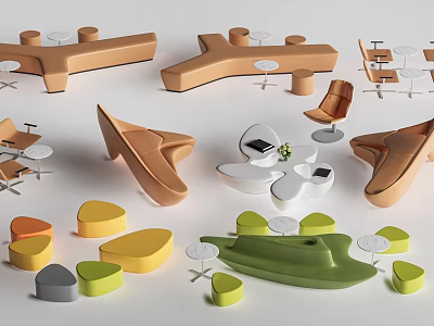 Modern Colorful Table And Chair Combinations With Various Shapes And Designs 3d model
