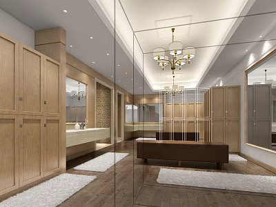 Other Bathroom Interior With Wooden Cabinets Mirrors Chandelier Bathtub And Rugs 3d model