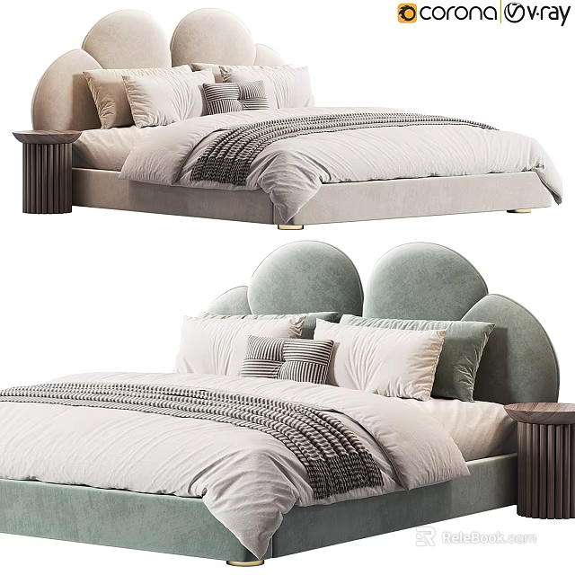 Light Grey Soft Green Kids Bed with Padded Curved Headboard Pillows Quilt and Side Table 3d model 