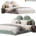 Light Grey Soft Green Kids Bed with Padded Curved Headboard Pillows Quilt and Side Table