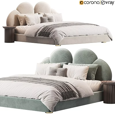 Light Grey Soft Green Kids Bed with Padded Curved Headboard Pillows Quilt and Side Table 3d model