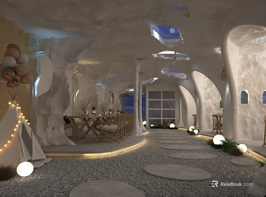 Cave Style Café Interior With White Arched Walls Wooden Tables String Lights And Pebble Floor 3d model 