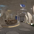 Cave Style Café Interior With White Arched Walls Wooden Tables String Lights And Pebble Floor