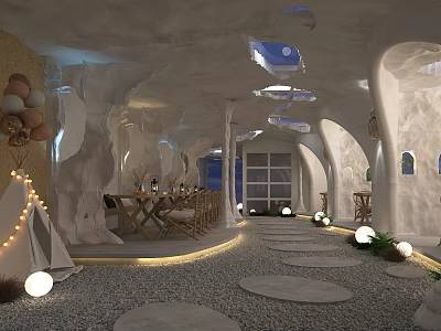 Cave Style Café Interior With White Arched Walls Wooden Tables String Lights And Pebble Floor 3d model