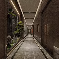 Modern Office Corridor With Dark Walls Marble Flooring Green Plants And Ceiling Light Strips
