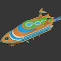 Orange Cosmic Spaceship With Green Cockpit Blue Stripes And Jet Flames