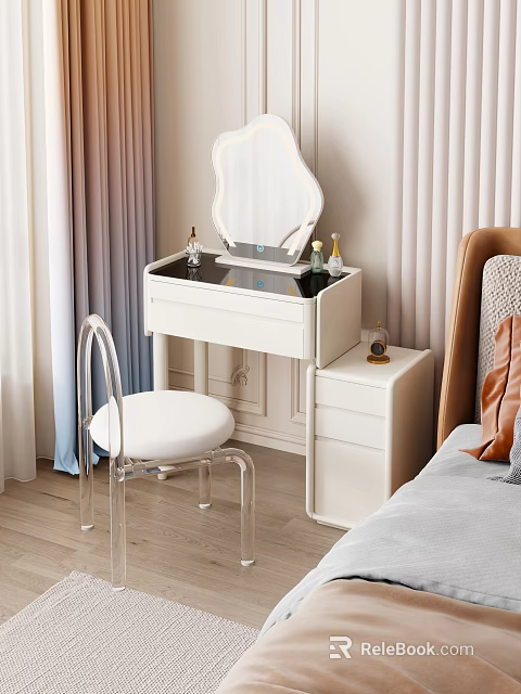 Elegant Modern Dressing Table With Mirror Clear Acrylic Chair And Cosmetics In Bedroom 3d model 